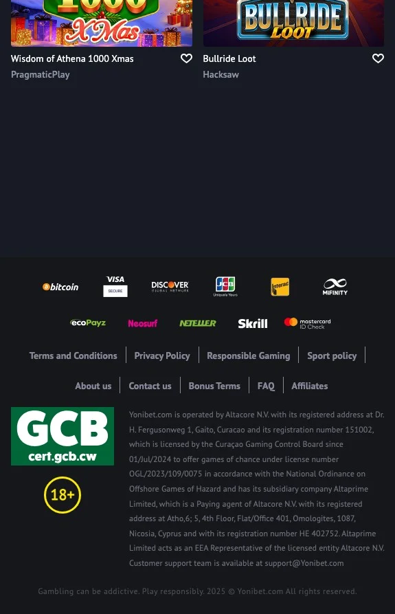 les bonus sur Yonibet